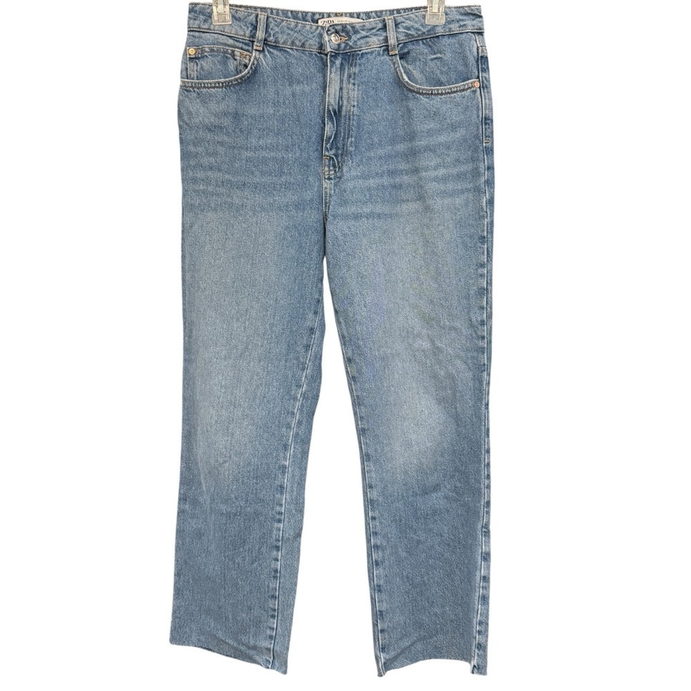 Zara High Rise Straight Leg Jeans Women’s Size 10 Blue Raw Hem 34x29